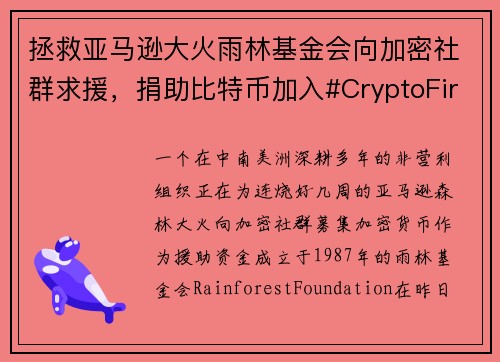 拯救亚马逊大火雨林基金会向加密社群求援，捐助比特币加入#CryptoFireFighter